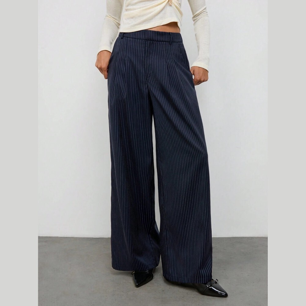 Navy Pinstripe Wide Leg Trousers With Front Pleats